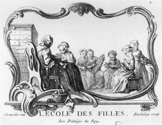 École de filles, la classe de couture, gravée par Jacques Bacheley (1712-81)